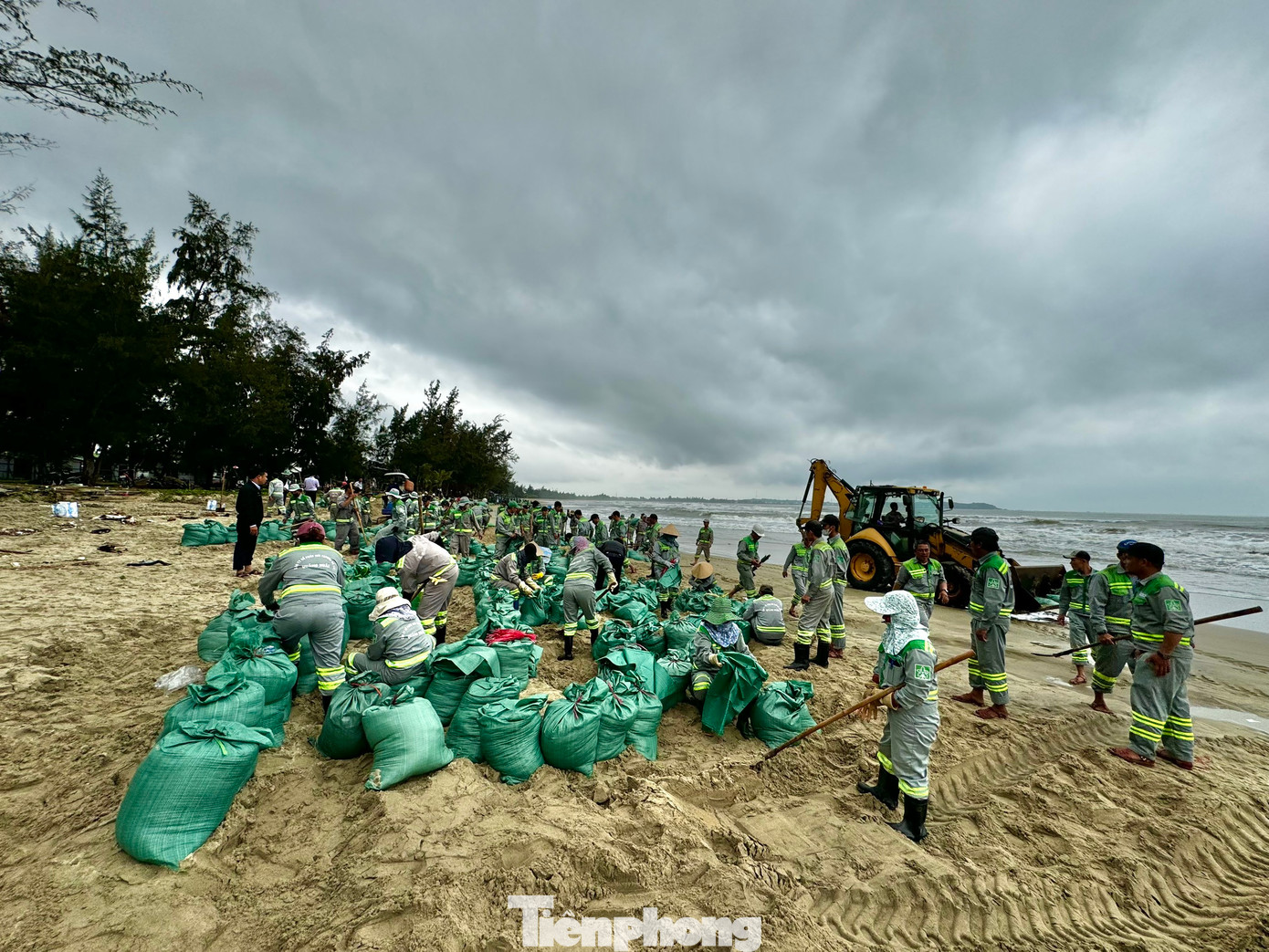 Các lực lượng khẩn trương gia cố bờ biển. Ảnh: Nguyễn Ngọc.