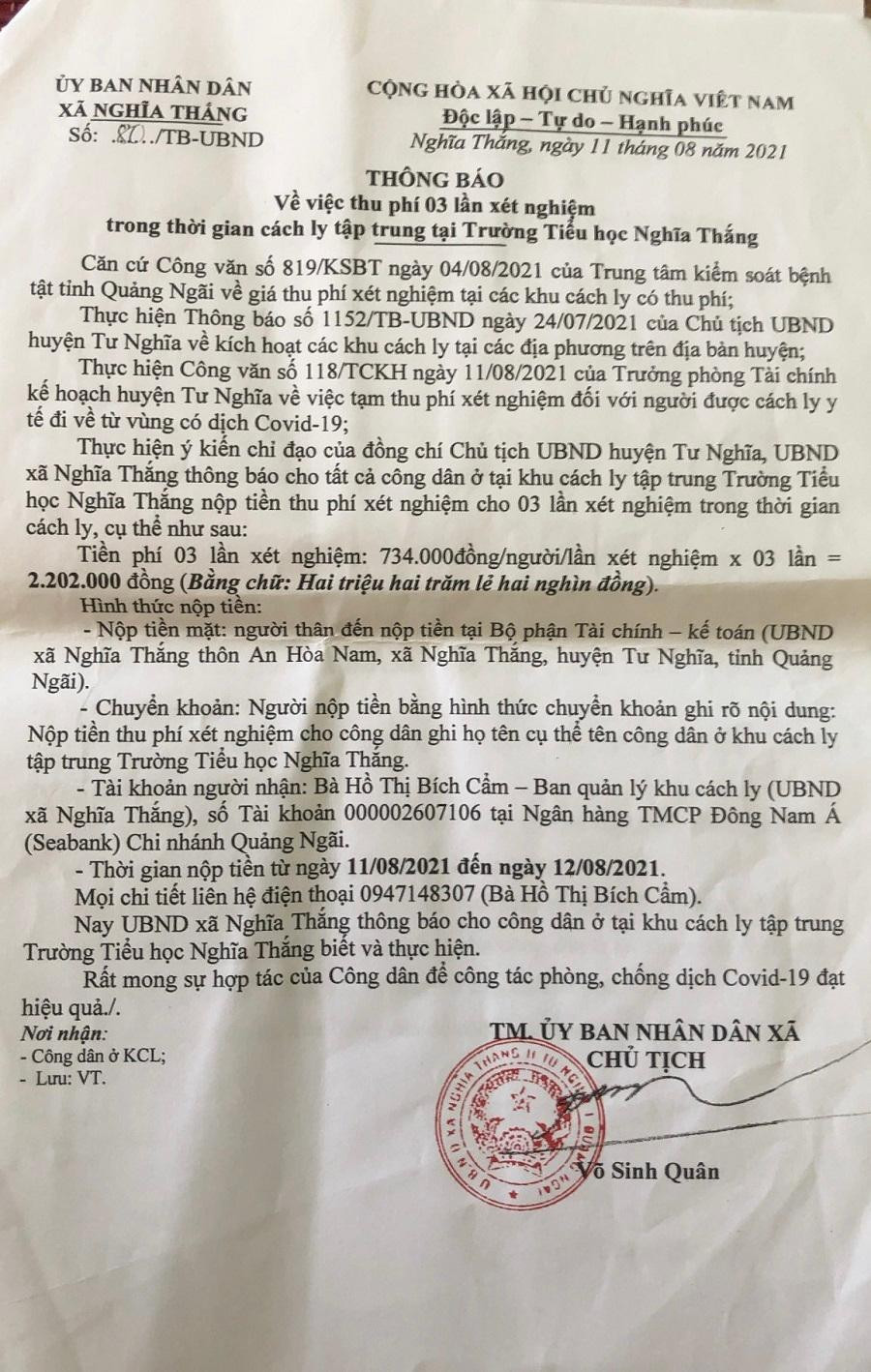 Số tiền mà chị L. buộc phải đóng trong thời gian cách ly tập trung Số tiền mà chị L. buộc phải đóng trong thời gian cách ly tập trung