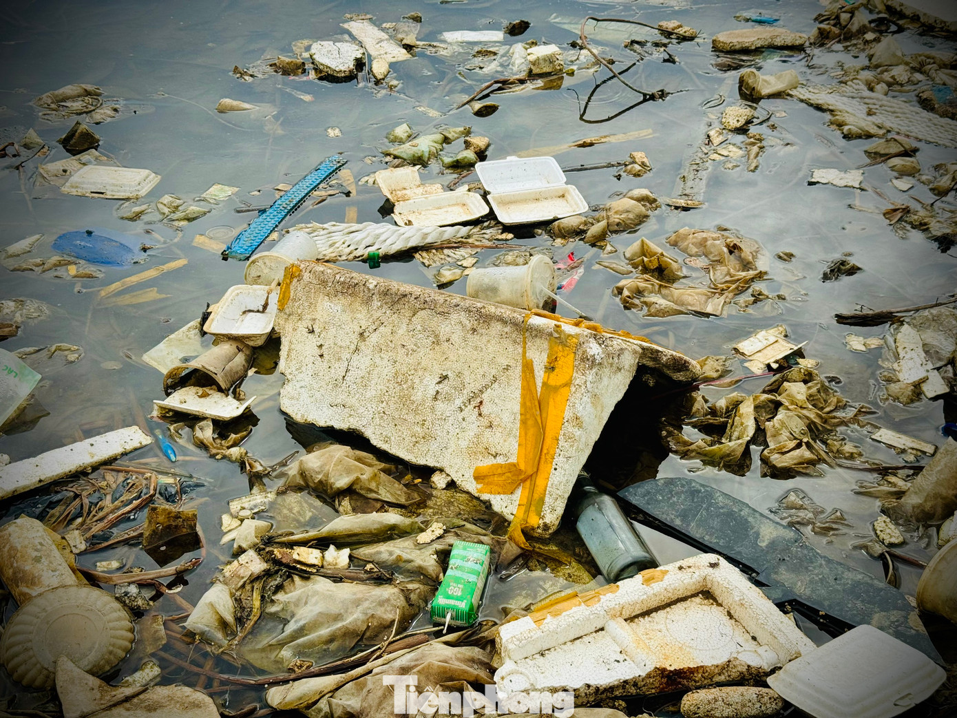Theo ghi nhận của PV, hai bên bờ và trên sông Châu Me Đông ngập tràn các loại rác thải nhựa khó phân hủy như: túi nilon, thùng xốp, bóng đèn thủy tinh, thùng sơn, cam chứa dầu nhớt...