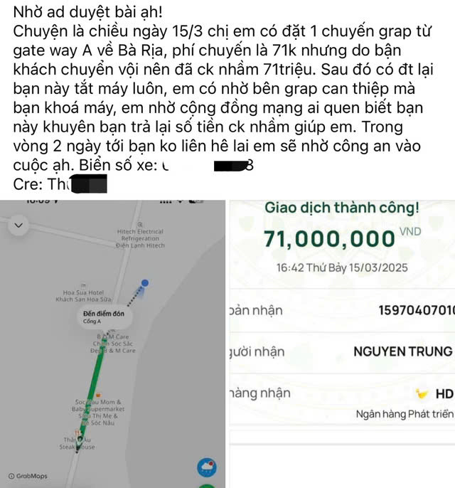 Hành khách đăng nội dung việc chuyển nhầm tiền khi đi GrabBike lên mạng xã hội Hành khách đăng nội dung việc chuyển nhầm tiền khi đi GrabBike lên mạng xã hội