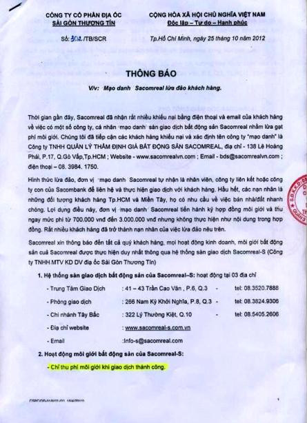 Thông báo việc mạo danh Sacomreal lừa đảo khách hàng