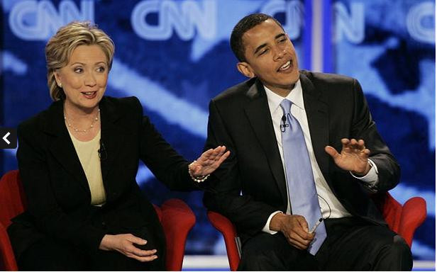 Ngày 3 tháng 7 năm 2007: Thượng nghĩ sĩ Obama cùng bà Hillary Clinton cùng trả lời những câu hỏi tại cuộc tranh luận được tổ chức tại Manchester, New Hampshire