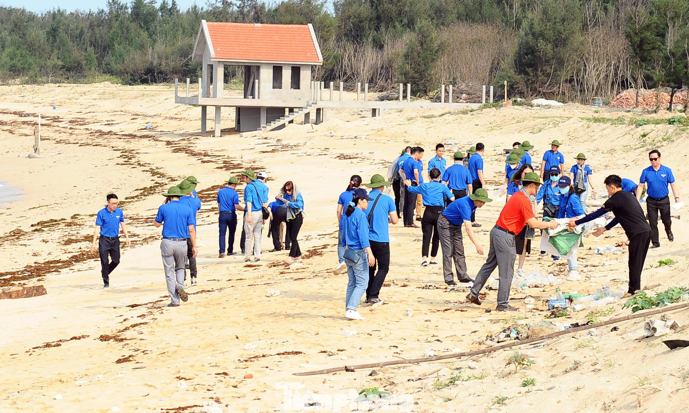 Đoàn viên thanh niên Đoàn Khối các cơ quan T.Ư, Bộ Tài nguyên và Môi trường tham gia làm sạch bãi biển.