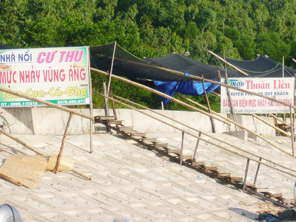 Tại cầu cảng số một cảng Vũng Áng có hàng trăm biển hiệu đề bán mực nhảy . Ảnh: Phong Cầm