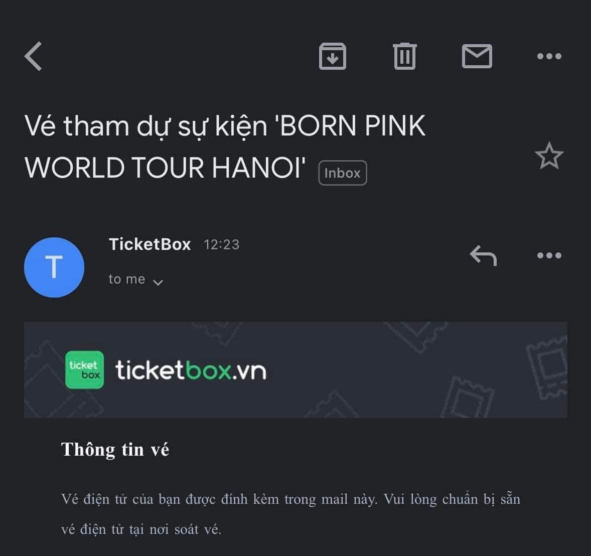Người mua vé thành công sẽ nhận được email từ Ticketbox.