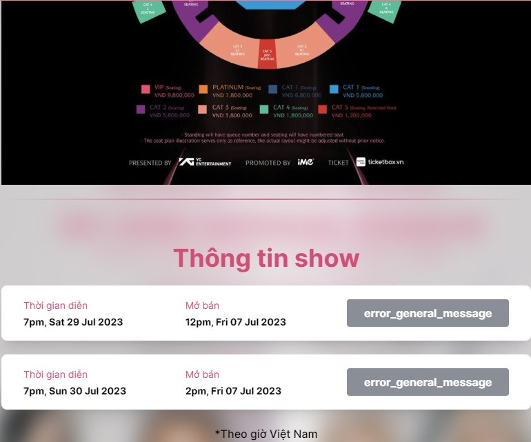 Hệ thống mua vé show BlackPink ở Việt Nam bị lỗi vào 12h ngày 7/7.
