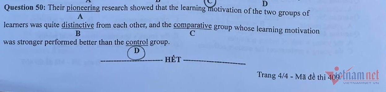 Câu 50 trong đề thi Tiếng Anh tốt nghiệp THPT. Ảnh: VNN.