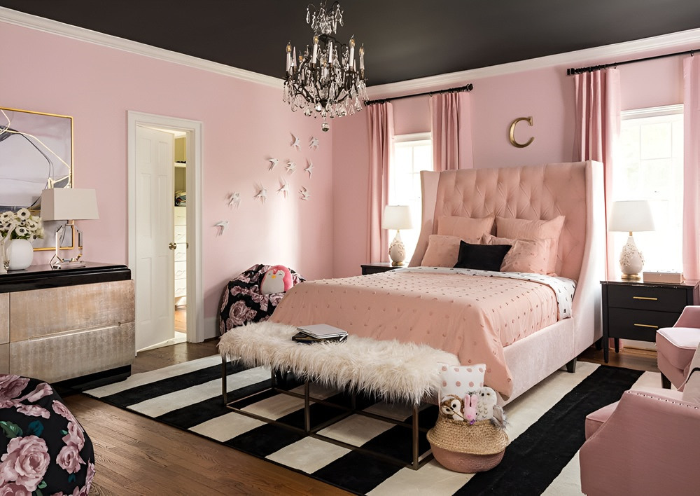 Phòng ngủ đậm chất cá tính với sự kết hợp của gam màu đen và hồng.
