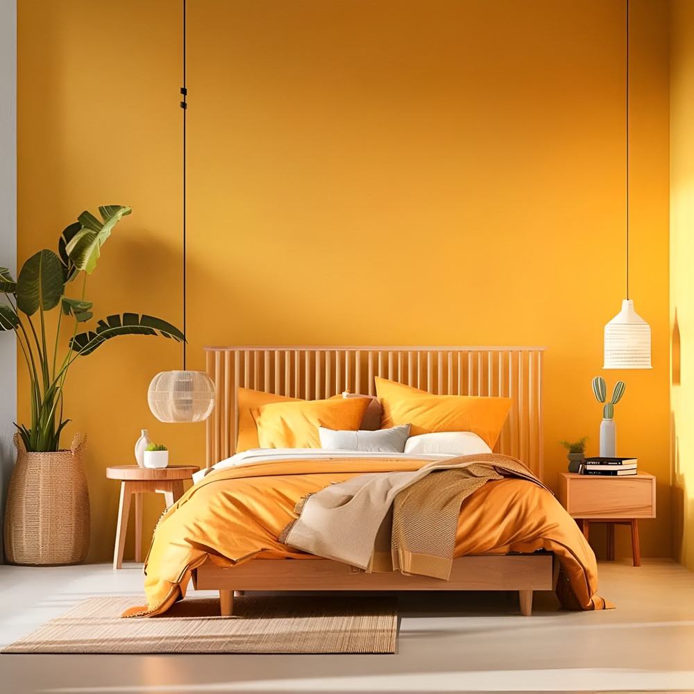 Phòng ngủ tông vàng ấm áp.