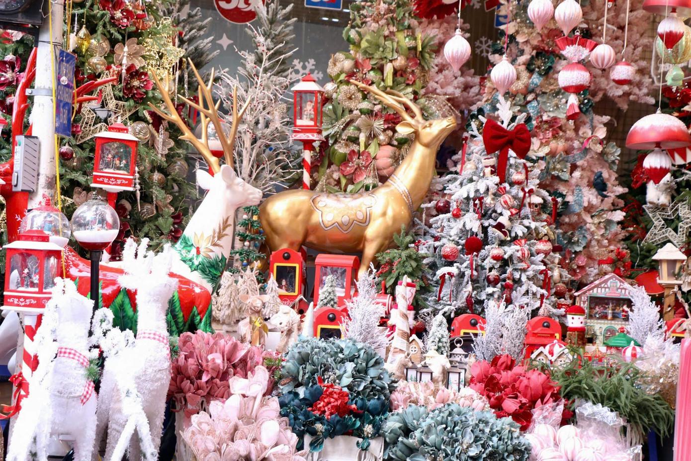 Theo ghi nhận của PV, những đồ trang trí rực rỡ sắc màu được bài trí rất bắt mắt. Mẫu mã, thiết kế của đồ trang trí năm nay cầu kỳ và đa dạng hơn năm ngoái. Khách hàng đến có thể thoải mái lựa chọn những sản phẩm mình thấy ưng ý. Nhiều chủ cửa hàng cho biết, đồ trang trí năm nay đa dạng mẫu mã hơn năm trước. Ngoài những sản phẩm trang trí Giáng sinh truyền thống như dải kim tuyến, chuông thánh đường, cây thông Noel, ông già Noel.... thì năm nay những mẫu người tuyết, mẫu tuần lộc, gấu bông mới ra mắt cũng được nhiều người ưa chuộng. Mức giá những sản phẩm này dao động từ 600.000 đồng đến khoảng 2.000.000 đồng/con, tùy kích thước.