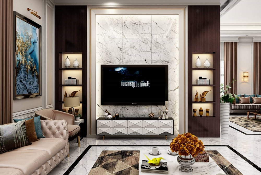 Mẫu vách tivi tân cổ điển được mọi người đề cao với sự tối giản và tích hợp được nhiều tiện ích.