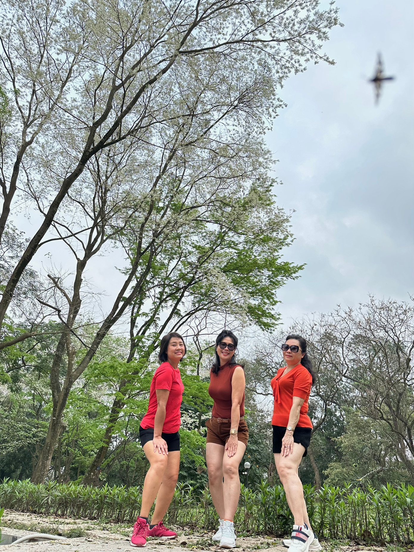 Bị cuốn hút bởi vẻ mộng mơ khi mùa hoa sưa về, chị Thu Minh (Ba Đình, Hà Nội) cùng bạn chụp lại những tấm hình để lưu lại khoảnh khắc giao mùa này: "Hằng ngày, chúng tôi đều ra công viên Bách Thảo cùng nhau tập thể dục. Dạo gần đây thấy hoa sưa nở trắng tinh trông rất đẹp nên chúng tôi có ý định chụp ảnh để về đăng trên Facebook làm kỷ niệm. Hôm trước chúng tôi đã chụp "nháp" rồi, hôm nay mới rủ nhau diện đồ tập thật đẹp để chụp chính thức".