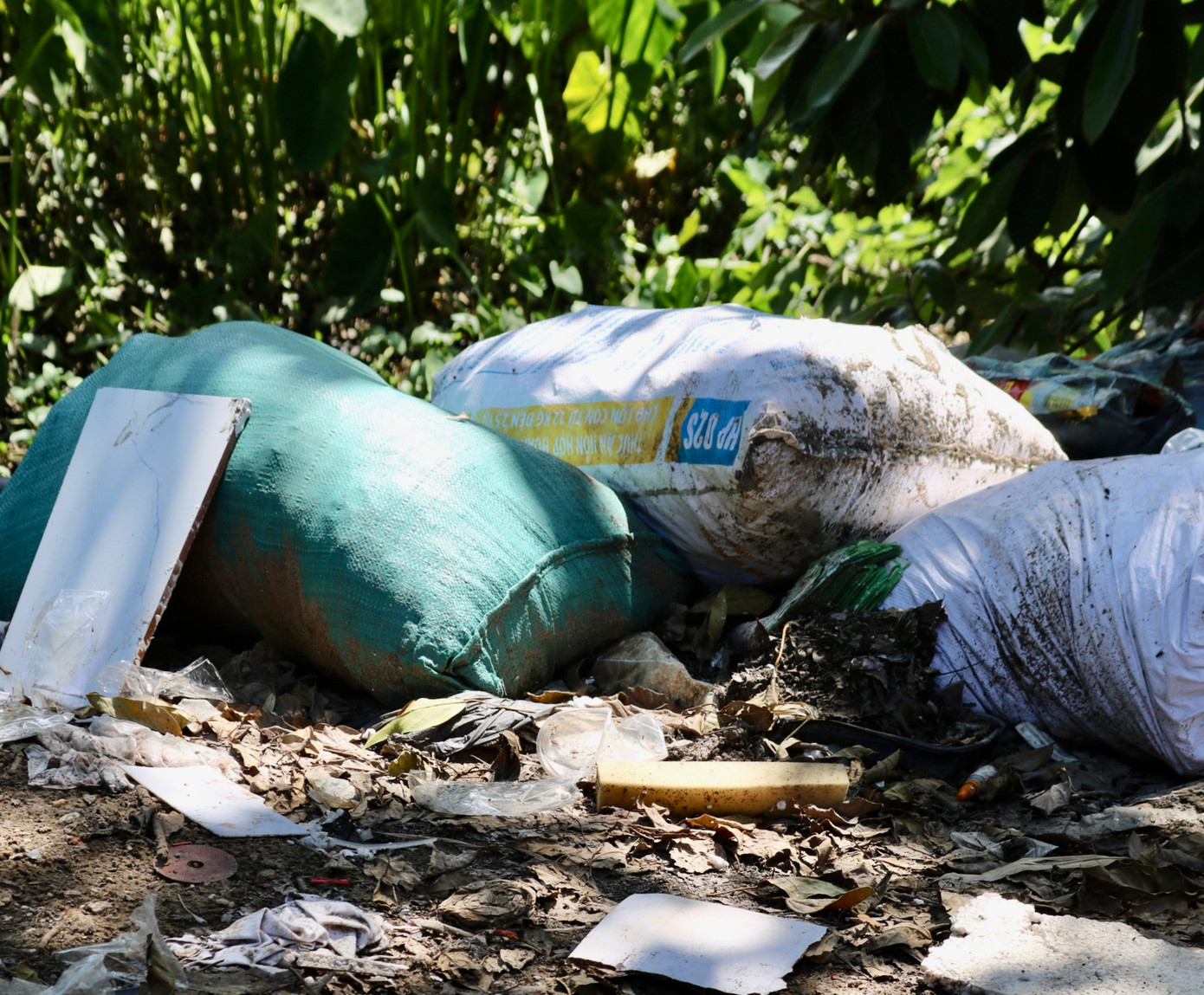 Từng bao tải rác to nằm chễm chệ ngay bờ sông đoạn đầu ngõ 298 Trần Điền