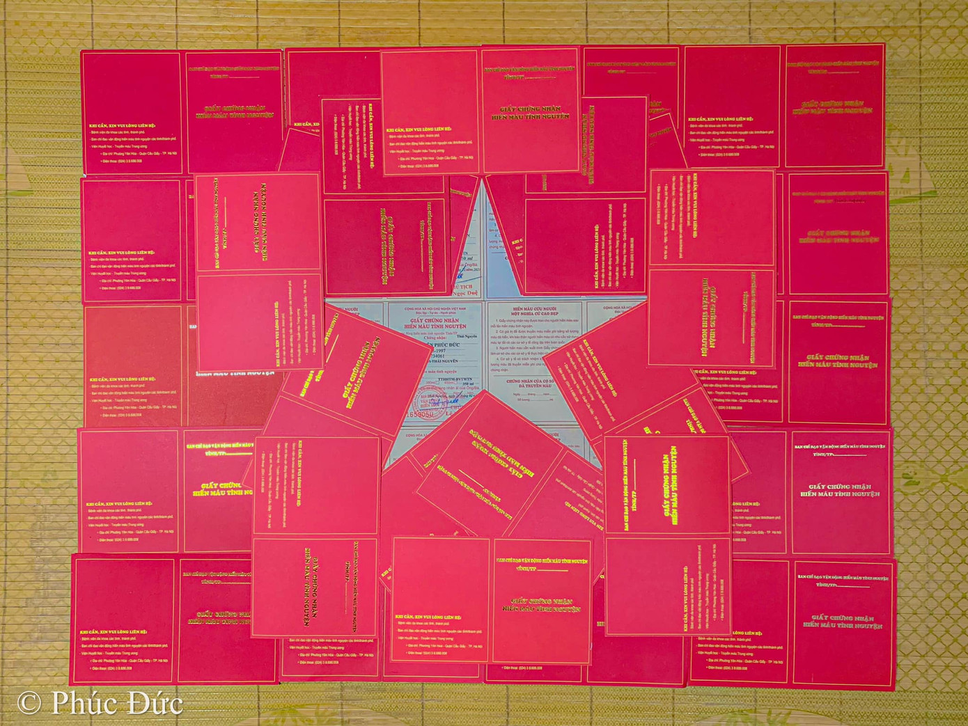 Lá cờ Tổ quốc được xếp từ 34 giấy chứng nhận hiến máu sau khi hoàn thiện. Ảnh: NVCC