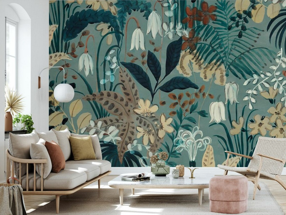 Có thể sử dụng giấy dán tường hoa lá nhiệt đới làm tăng sự tươi mát cho không gian sống.