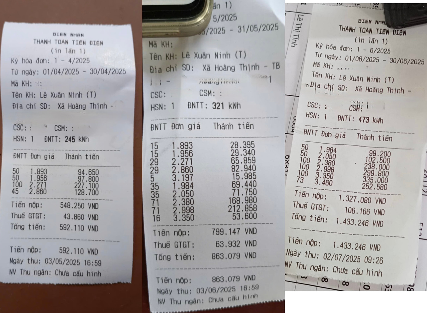 Hoá đơn tiền điện 3 tháng gần nhất tại cửa hàng nhà chị P. có sự chênh lệch rõ rệt.