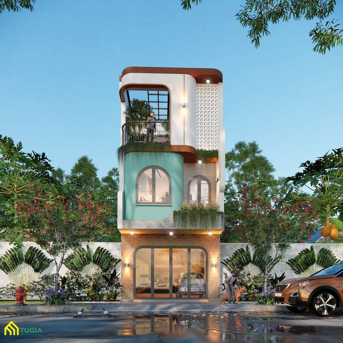 Mẫu nhà ống có thiết kế mặt tiền với những đường cong mềm mại. Mẫu nhà ống có thiết kế mặt tiền với những đường cong mềm mại.