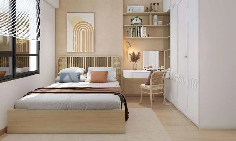 Phòng ngủ hình vuông giúp tận dụng tối đa không gian với bố trí hợp lý và gọn gàng (Ảnh: Shutterstock, Home Lane)