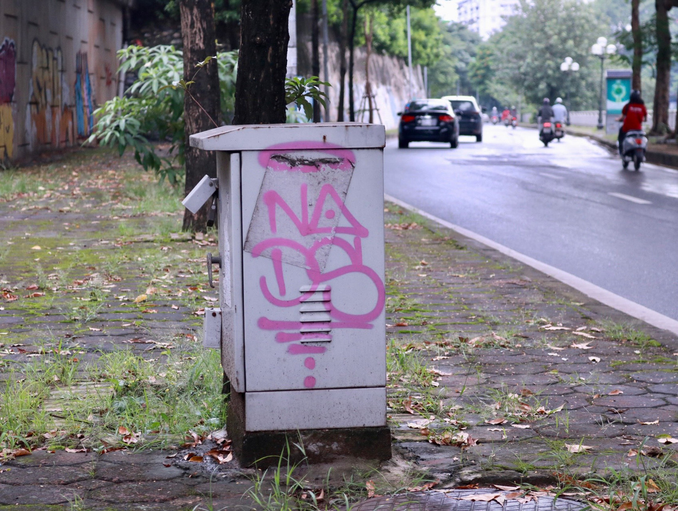 Nhiều không gian công cộng khác như bến xe buýt, trụ điện, nơi tập kết rác,... dọc tuyến đường Bưởi cũng bị vẽ nham nhở.