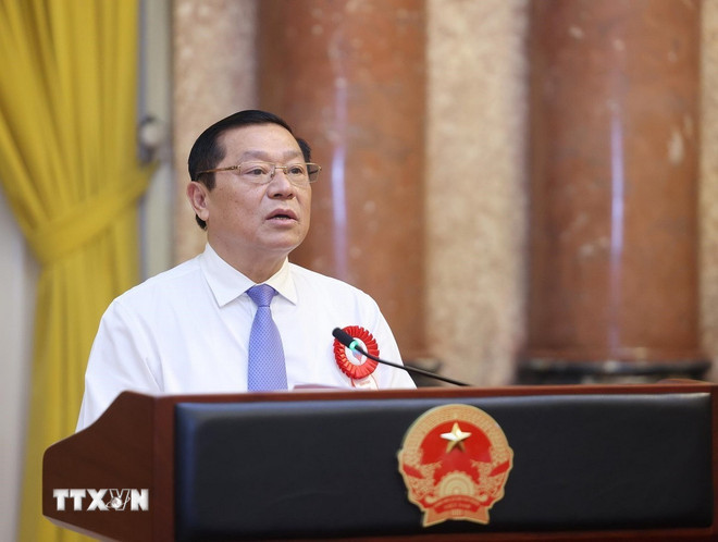 Đồng chí Lại Xuân Môn, Uỷ viên Trung ương Đảng, Phó Trưởng ban Thường trực Ban Tuyên giáo và Dân vận Trung ương báo cáo. (Ảnh: Lâm Khánh/TTXVN)