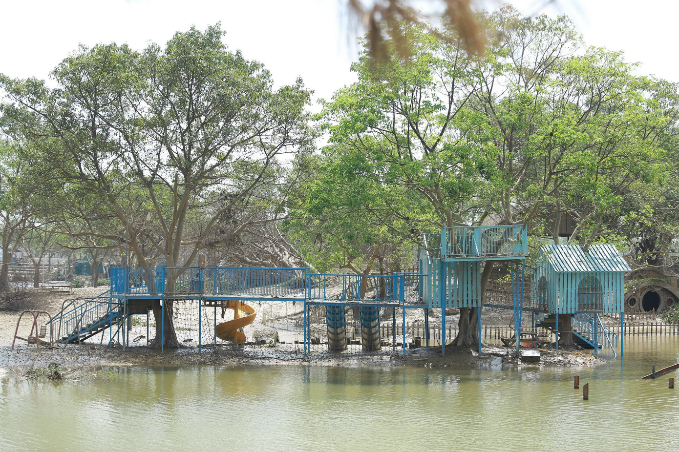 Do nằm ở vị trí đặc thù ngay sát bờ sông Hồng, mực nước dâng cao báo động cấp độ 3 đã khiến tất cả tiểu cảnh nhanh chóng bị nhấn chìm.