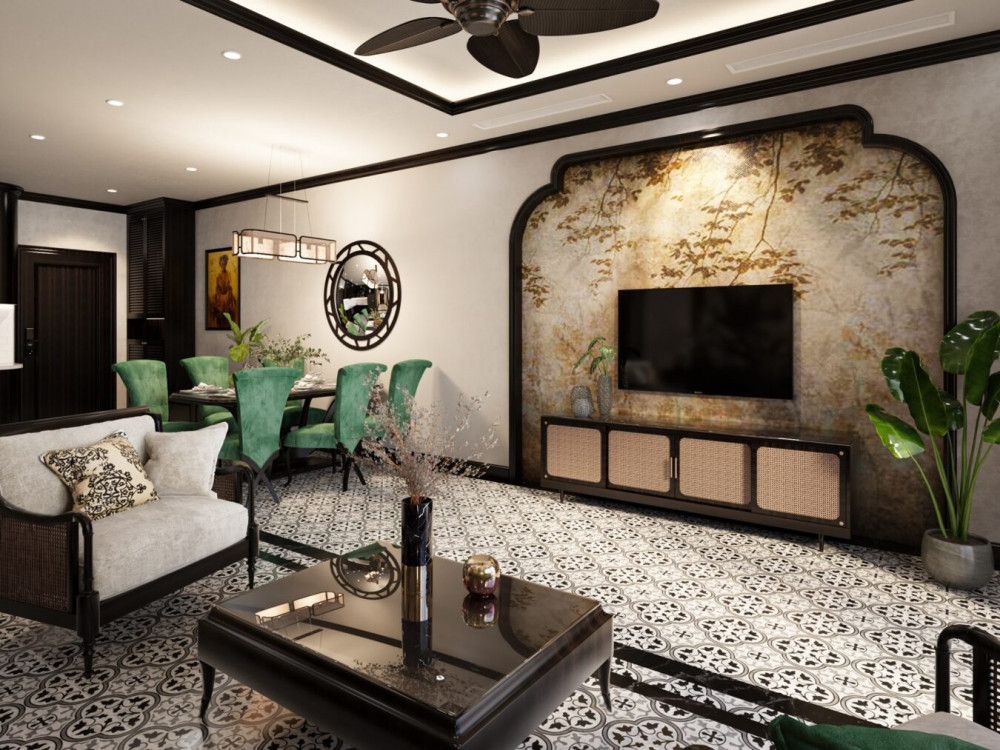 Vách tivi theo phong cách Đông Dương thể hiện đậm chất truyền thống văn hoá Việt vừa hiện đại, vừa hoài cổ.