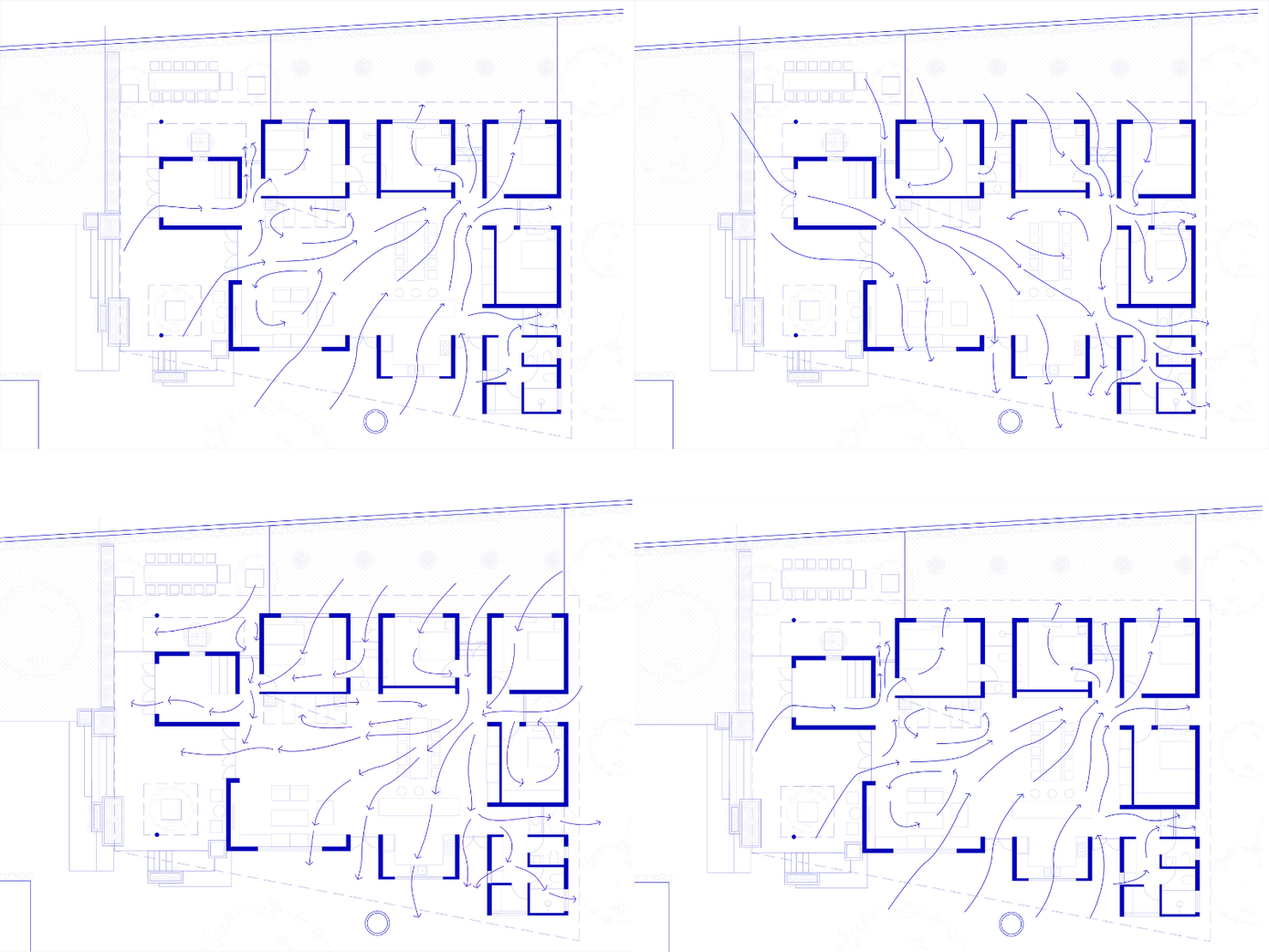 Bên cạnh giải pháp chống nóng thì giải pháp thông thoáng cũng được chú trọng cho căn nhà. Với giải pháp đón gió bằng các cửa sổ, cửa đi và thoát gió phía trên bằng lam chữ Z giúp không khí trong nhà được lưu thông liên tục và không gian trong nhà luôn thoáng mát, dễ chịu.