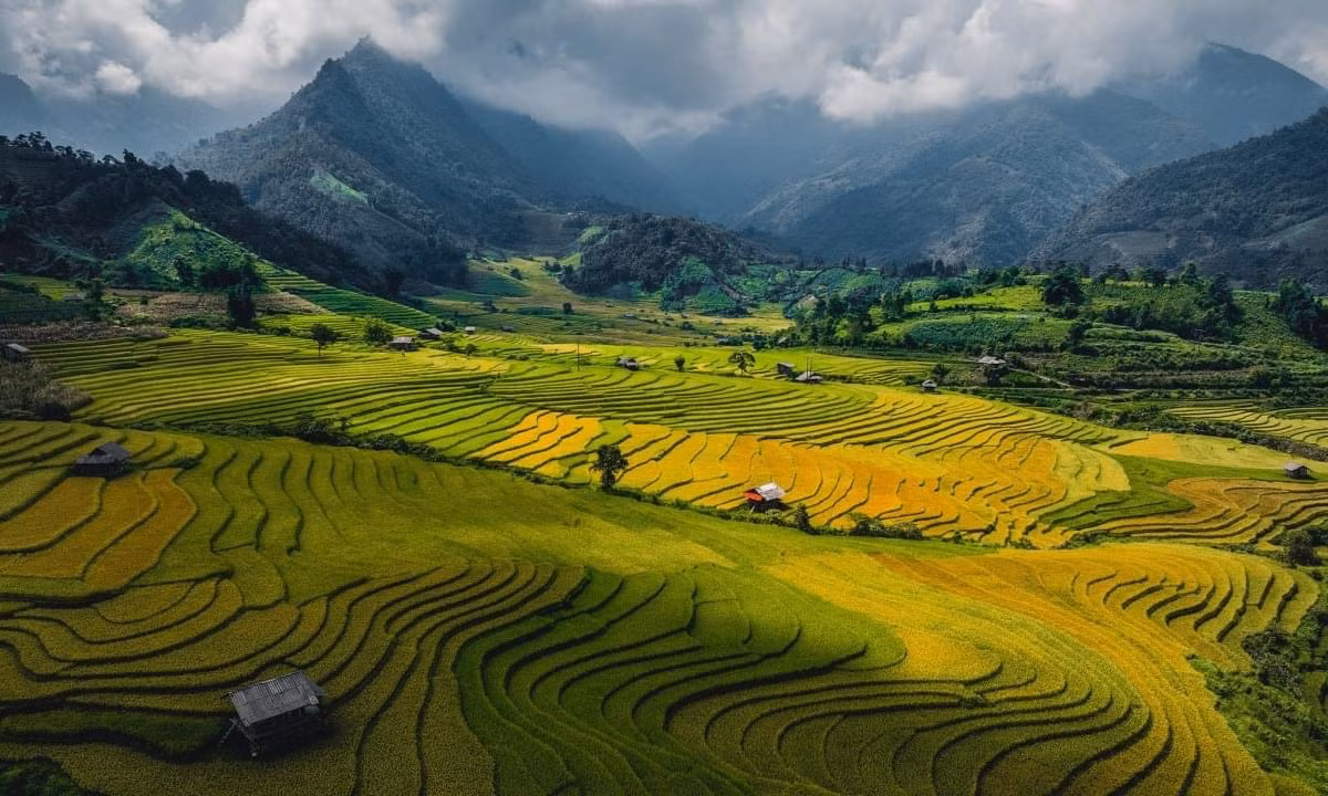 Những thửa ruộng bậc thang nằm giữa thung lũng, được bao bọc bởi núi rừng và mây trời, tạo nên cảnh sắc thiên nhiên tuyệt đẹp, hút hồn nhiều du khách khi ghé qua đây.
