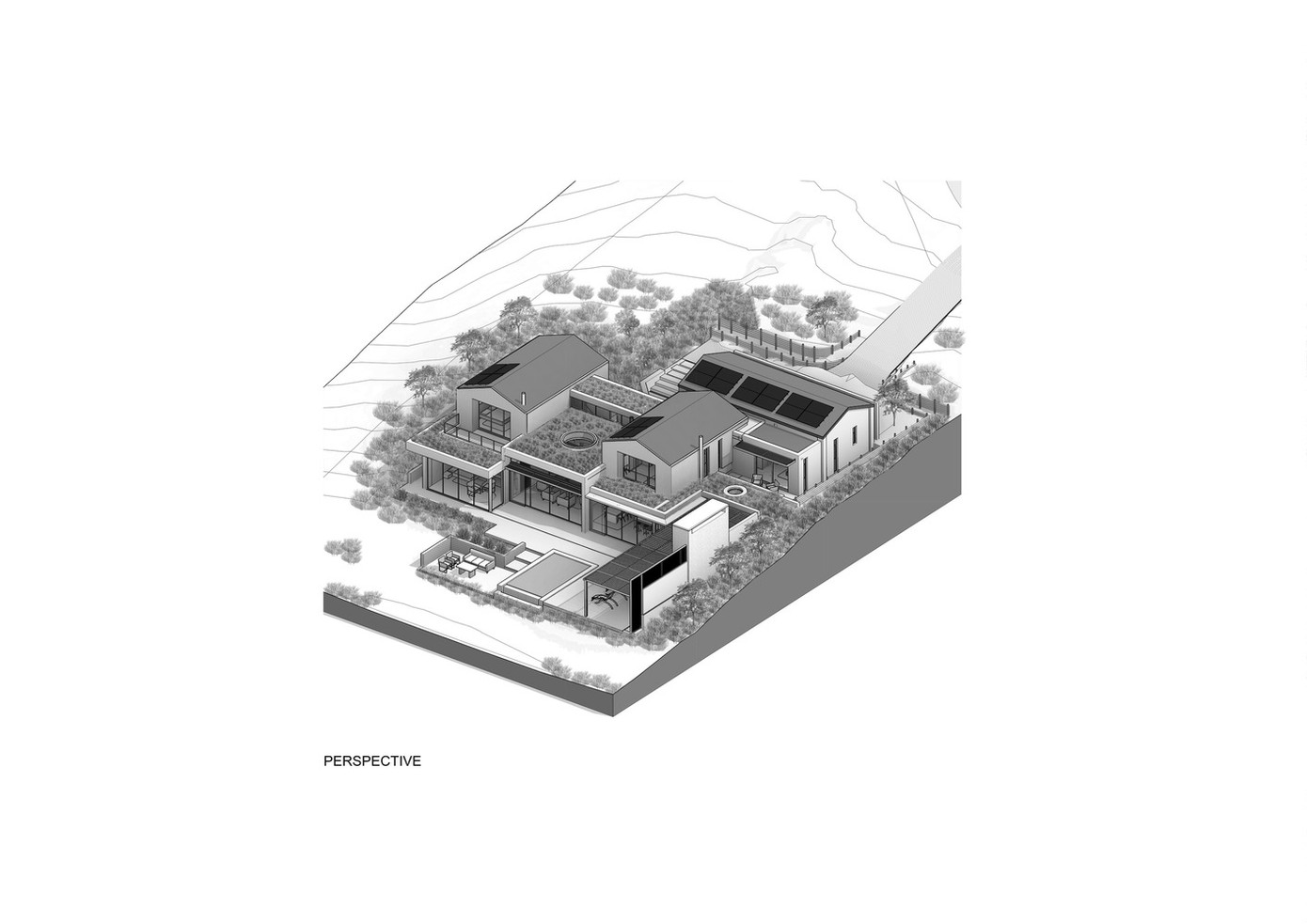 Không gian bên trong được tổ chức theo bố cục mở, tạo sự kết nối xuyên suốt giữa các khu vực sinh hoạt chung, đồng thời vẫn đảm bảo ranh giới tinh tế giữa không gian riêng tư và cộng đồng. Cấu trúc phân cấp này giúp duy trì sự cân bằng giữa độ mở và tính riêng tư. Hệ thống giếng trời được bố trí chiến lược, không chỉ mang ánh sáng vào nhà mà còn trở thành điểm nhấn kiến trúc, duy trì sự kết nối liên tục với bầu trời và tăng cường cảm giác rộng rãi, thoáng đãng.