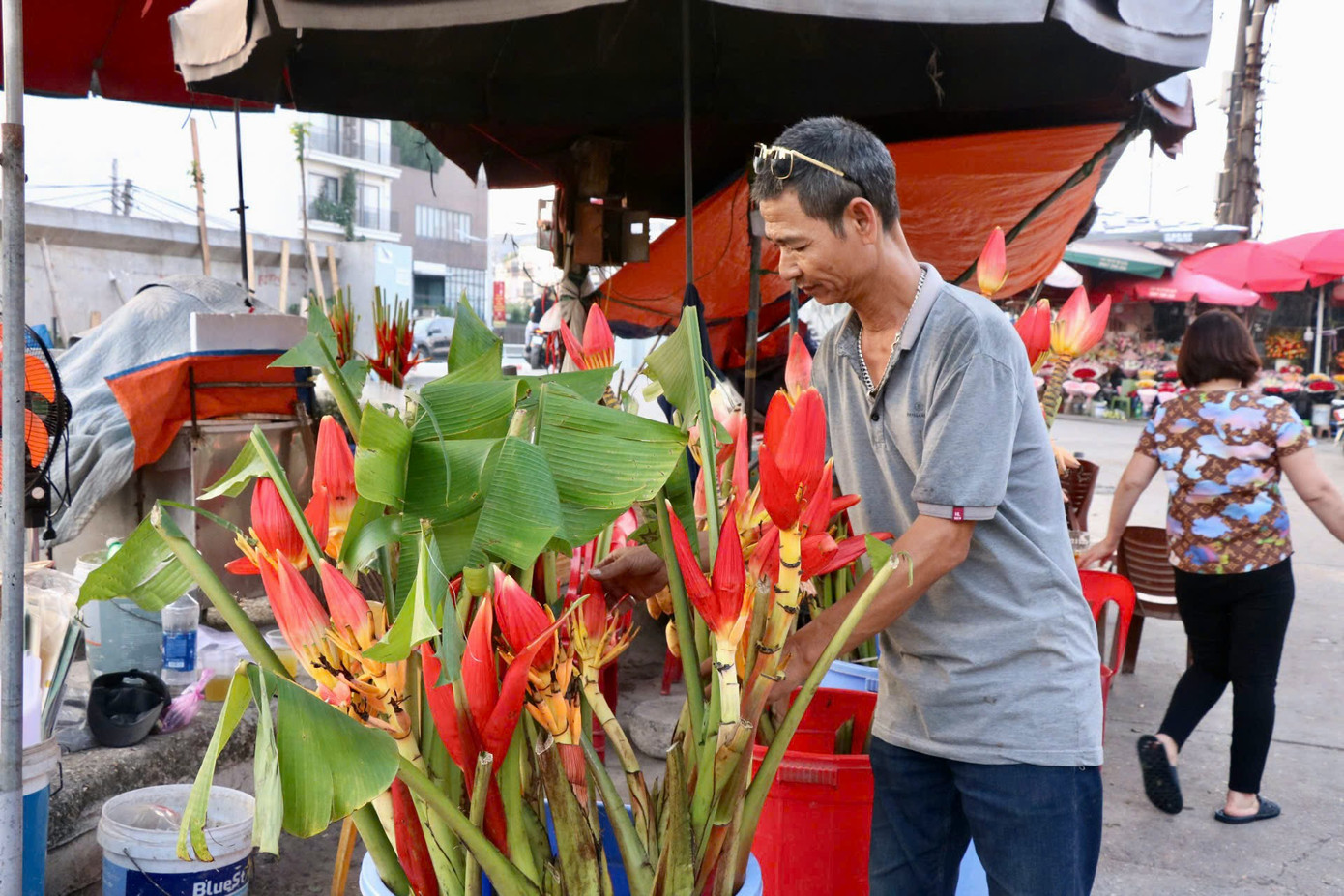 Gian hàng của ông Hùng (trong ảnh) - tiểu thương chợ hoa Quảng An - chuyên bày bán những loại hoa rừng, ông Hùng cho biết đợt này nhập hoa chuối rừng ở Mộc Châu về bán.