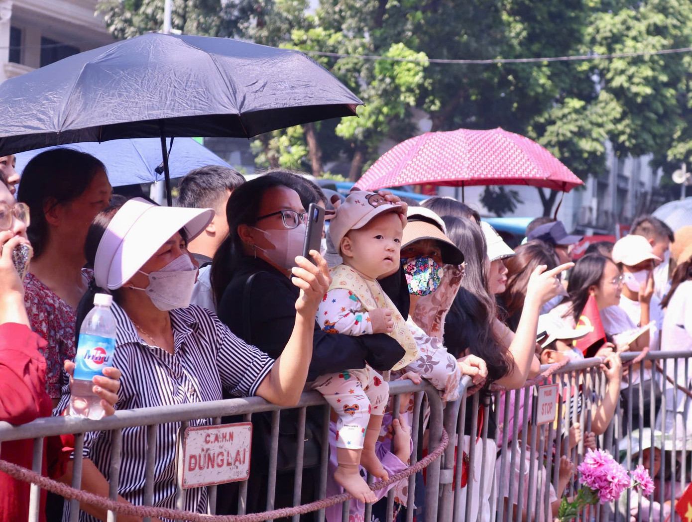 Nhiều em nhỏ cũng được gia đình đưa lên phố để hòa cùng không khí sôi động của ngày lễ.