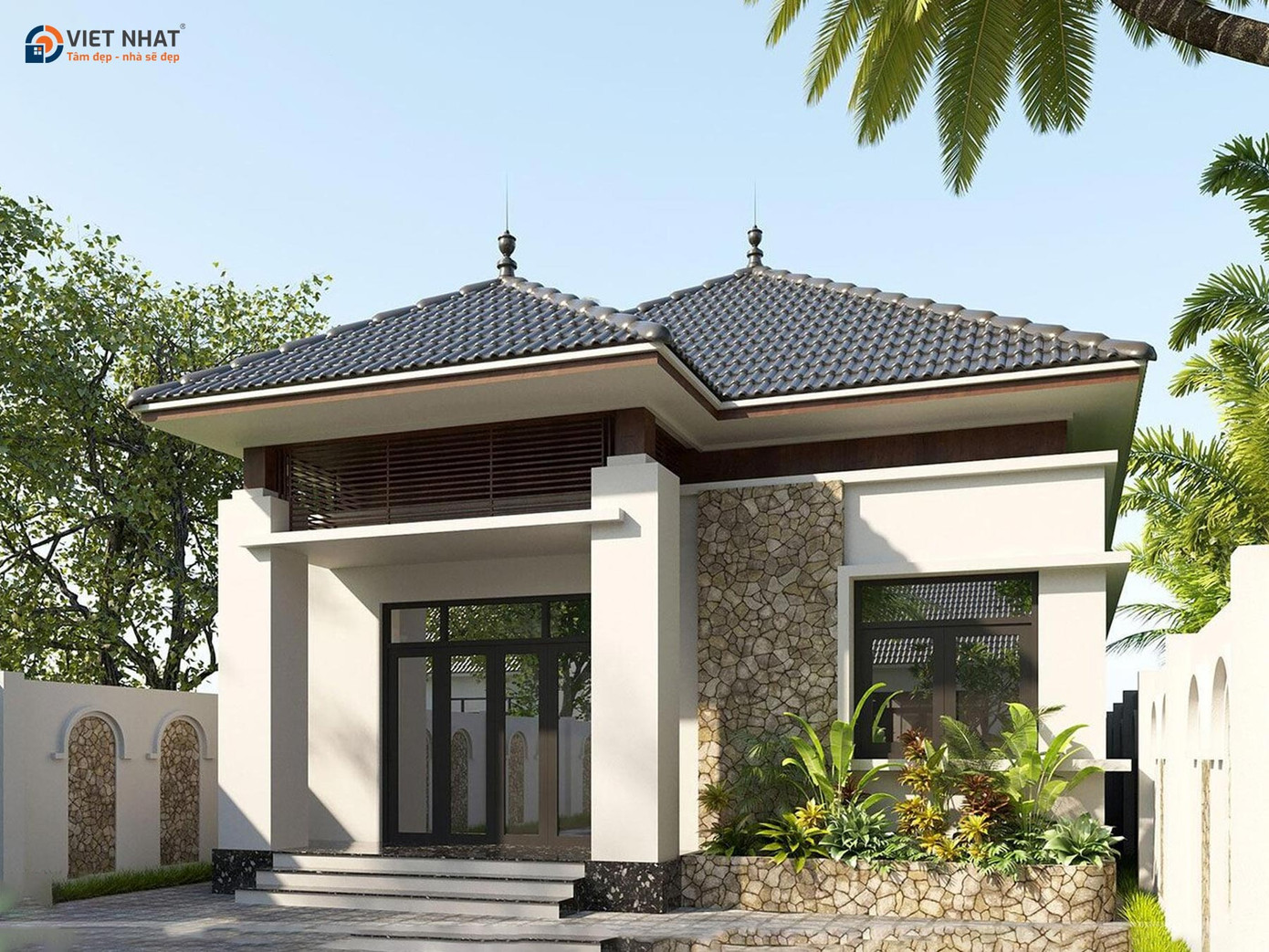 Nhà cấp 4 mái Nhật, bố trí công năng gồm: 1 phòng khách, phòng bé, 2 phòng ngủ, không gian sân trước, sân sau, tiểu cảnh,... Nhà cấp 4 mái Nhật, bố trí công năng gồm: 1 phòng khách, phòng bé, 2 phòng ngủ, không gian sân trước, sân sau, tiểu cảnh,...