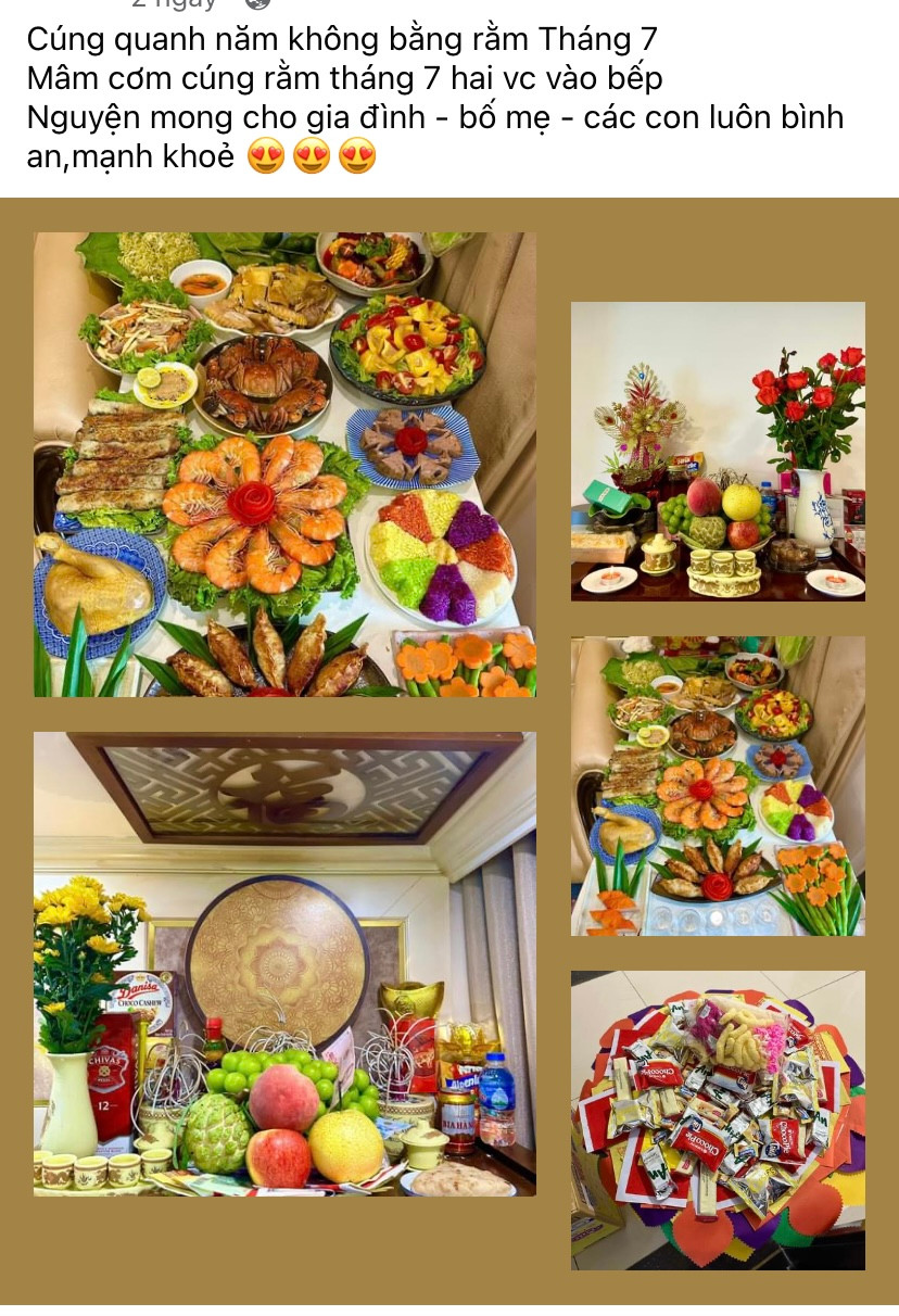 Mâm cơm cúng Rằm tháng 7 tươm tất do chị Nguyễn Thị Hồng Diễm (phố Nguyễn Trãi, quận Thanh Xuân) cùng chồng chuẩn bị. Được biết hầu hết các món đều được vợ chồng chị Diễm tự tay làm, không tốn quá nhiều thời gian.