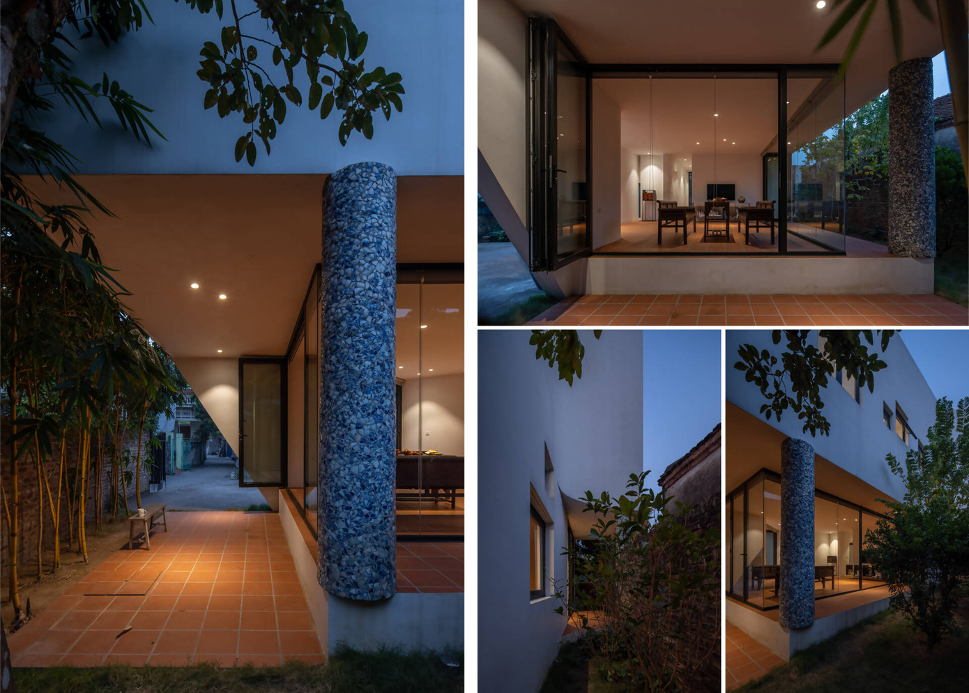 Hệ thống hàng hiên bao quanh tầng 1 được thiết kế thông minh, đóng vai trò như một lớp vỏ bảo vệ cho ngôi nhà. Không chỉ tạo khoảng đệm cho những vách kính lớn của phòng khách, hàng hiên còn là giải pháp hiệu quả cho việc điều hòa không khí tự nhiên, giúp không gian sống luôn mát mẻ, thoáng đãng ngay cả trong những ngày hè oi bức.