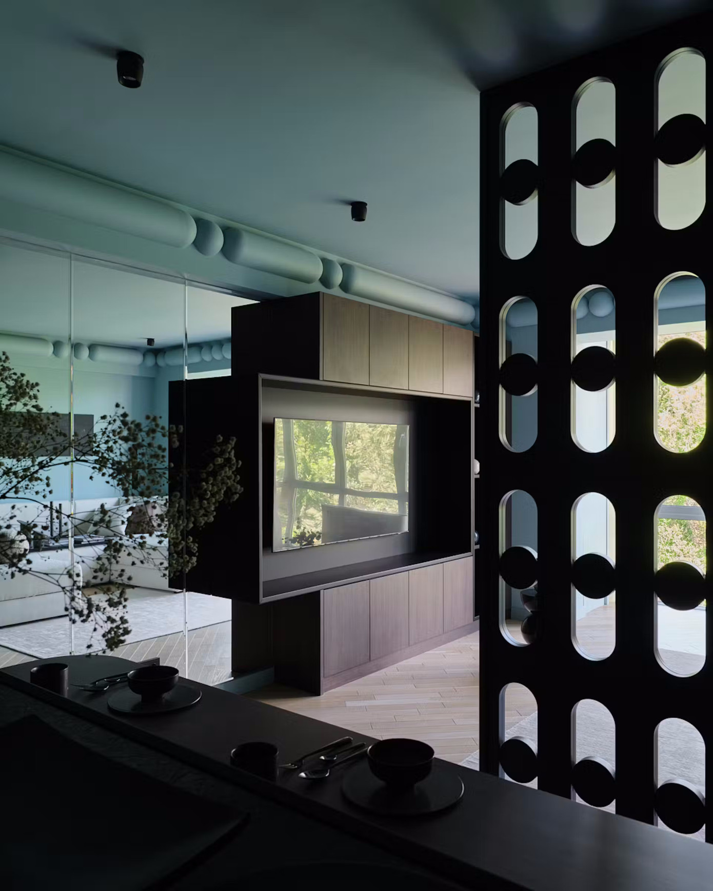 Sảnh vào dẫn đến hốc bếp ẩn, tiếp nối là quầy bar nhỏ trong bếp.