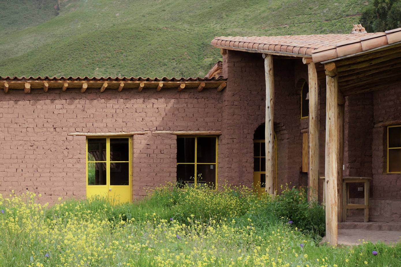 Cửa và khung sắt được sơn vàng, đồng điệu với màu hoa và cánh đồng ngô bên ngoài.