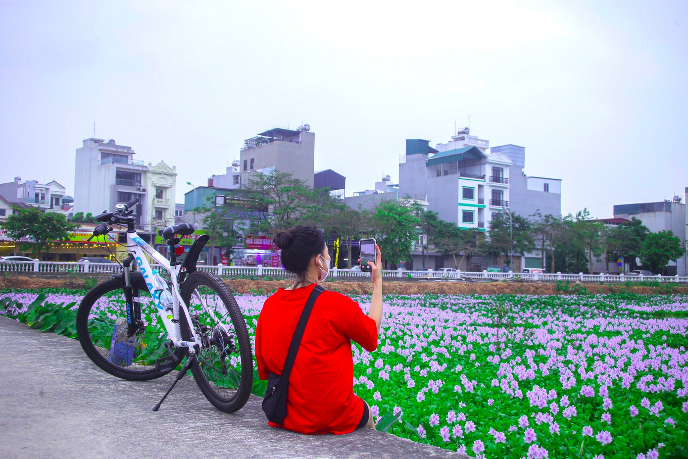Bạn Chi (Cầu Giấy) cho biết: “Mấy hôm trước mình xem trên tiktok thấy mọi người đến đây chụp hoa này đông quá nên mình cũng muốn thử. Đến nơi thấy đẹp thật, mình rất thích màu tím của hoa bèo, kiểu thơ mộng mà lại rất sang”. Bạn Chi (Cầu Giấy) cho biết: “Mấy hôm trước mình xem trên tiktok thấy mọi người đến đây chụp hoa này đông quá nên mình cũng muốn thử. Đến nơi thấy đẹp thật, mình rất thích màu tím của hoa bèo, kiểu thơ mộng mà lại rất sang”.