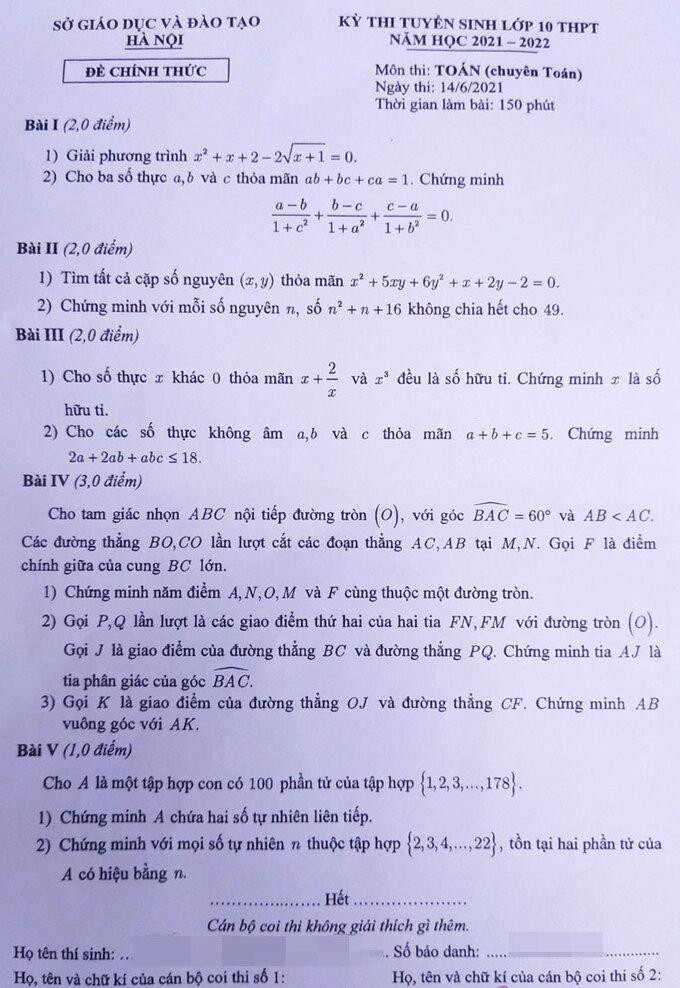 Đề thi vào lớp 10 chuyên Toán của Hà Nội