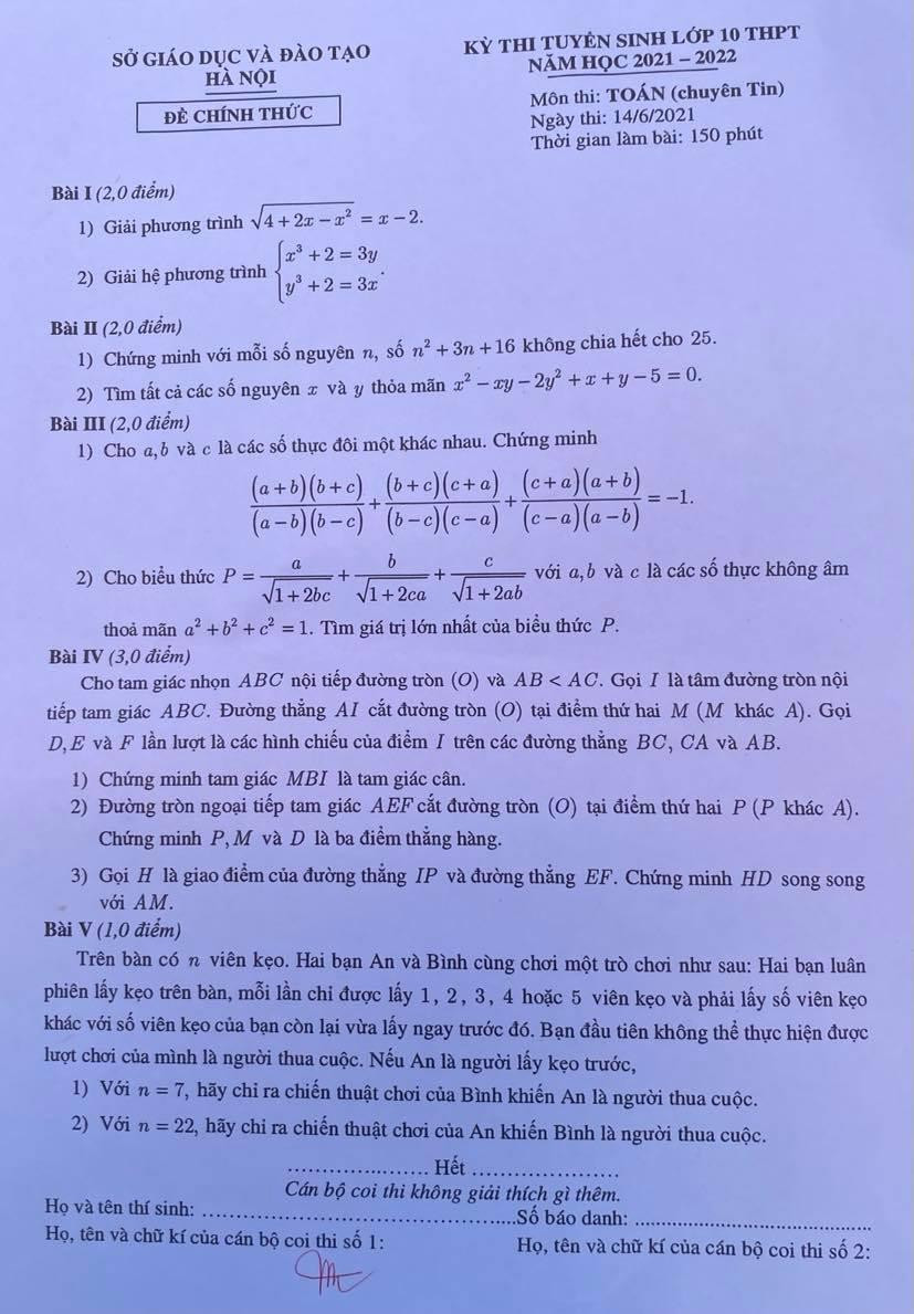 Đề thi vào lớp 10 chuyên Tin của Hà Nội