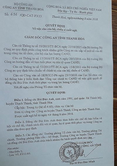 Một trung úy công an bất ngờ bị cho xuất ngũ ảnh 1