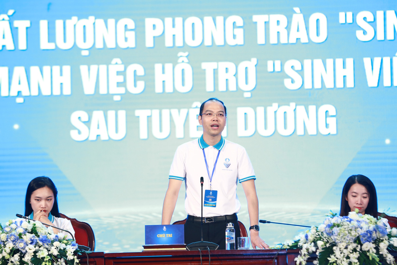 Anh Nguyễn Tiến Hưng - Phó Bí thư Thành Đoàn, Chủ tịch Hội Sinh viên TP Hà Nội khoá VIII phát biểu tại Diễn đàn. Ảnh: Bảo Anh