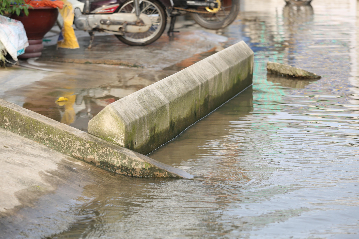 Nhiều gia đình phải xây bờ đê hoặc xây dựng bậc thềm cao để ngăn nước tràn vào nhà mỗi đợt triều cường.