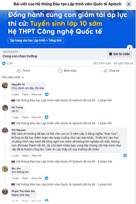 Nhiều phụ huynh bày tỏ sự hứng thú và mong muốn tìm hiểu về chương trình THPT Công nghệ Quốc tế (Ảnh chụp 1 bài đăng tuyển sinh trên Facebook của Aptech). Nhiều phụ huynh bày tỏ sự hứng thú và mong muốn tìm hiểu về chương trình THPT Công nghệ Quốc tế (Ảnh chụp 1 bài đăng tuyển sinh trên Facebook của Aptech).