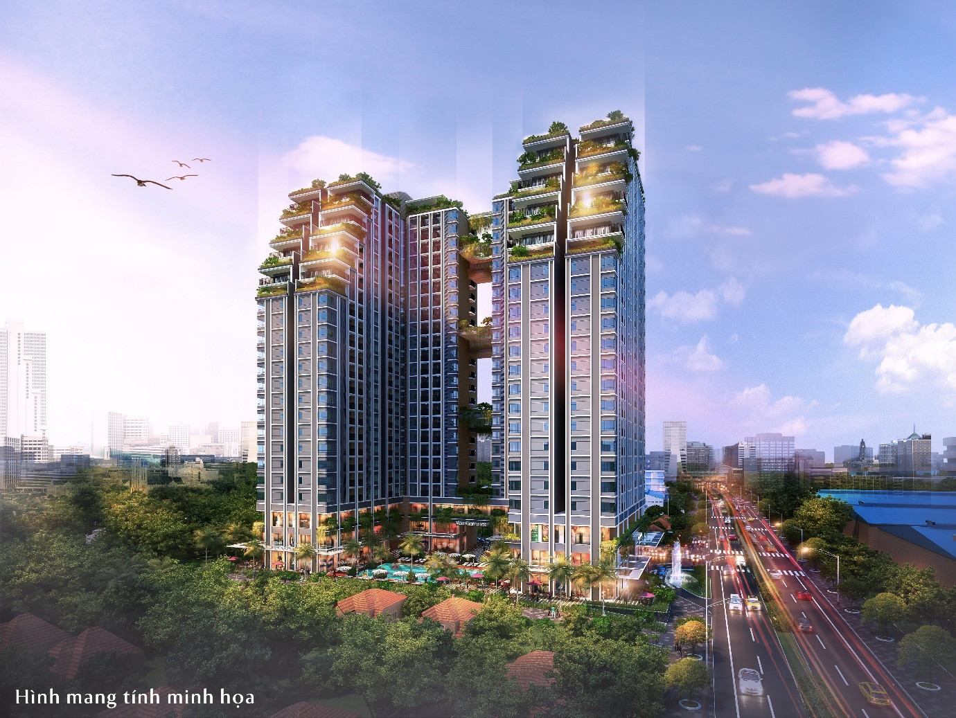 Hình ảnh phối cảnh minh họa ý tưởng cho thấy phong cách thiết kế độc đáo và nhiều mảng xanh của dự án.