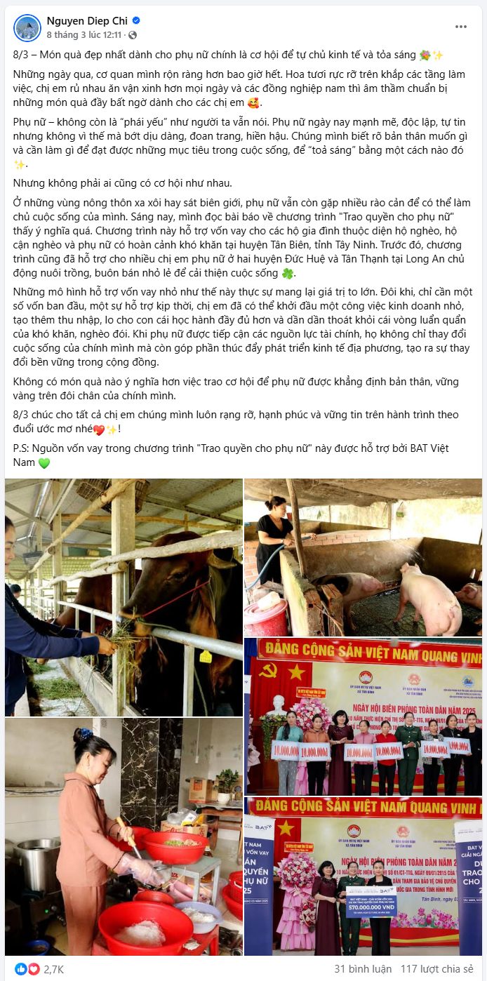 Bài viết trên trang Facebook cá nhân của BTV-MC Nguyễn Diệp Chi vào ngày 8/3 đã nhận được sự quan tâm từ công chúng.