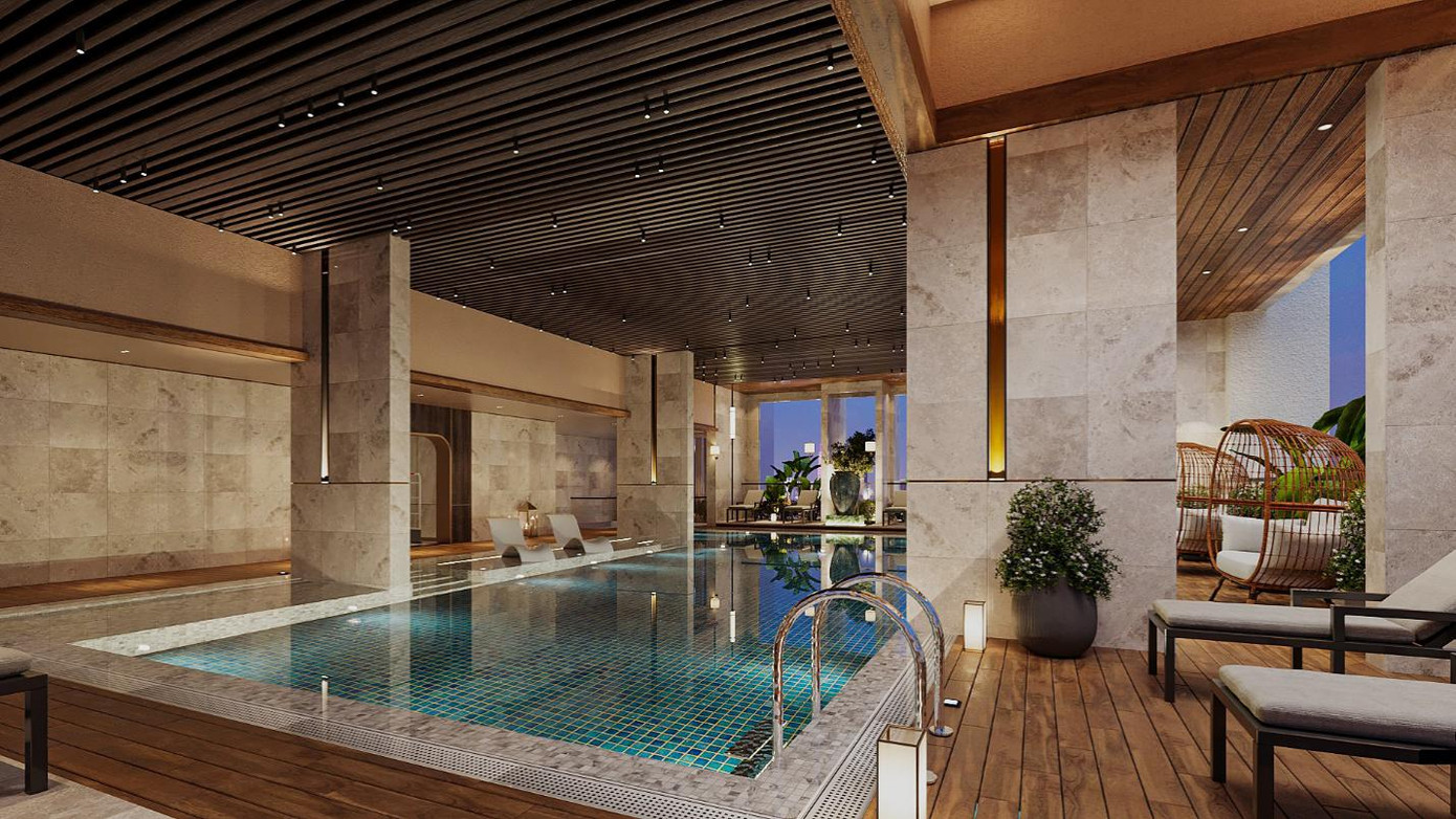 Hồ bơi được thiết kế không gian thoáng đãng, khu vực tắm nắng, ghế nghỉ bên hồ