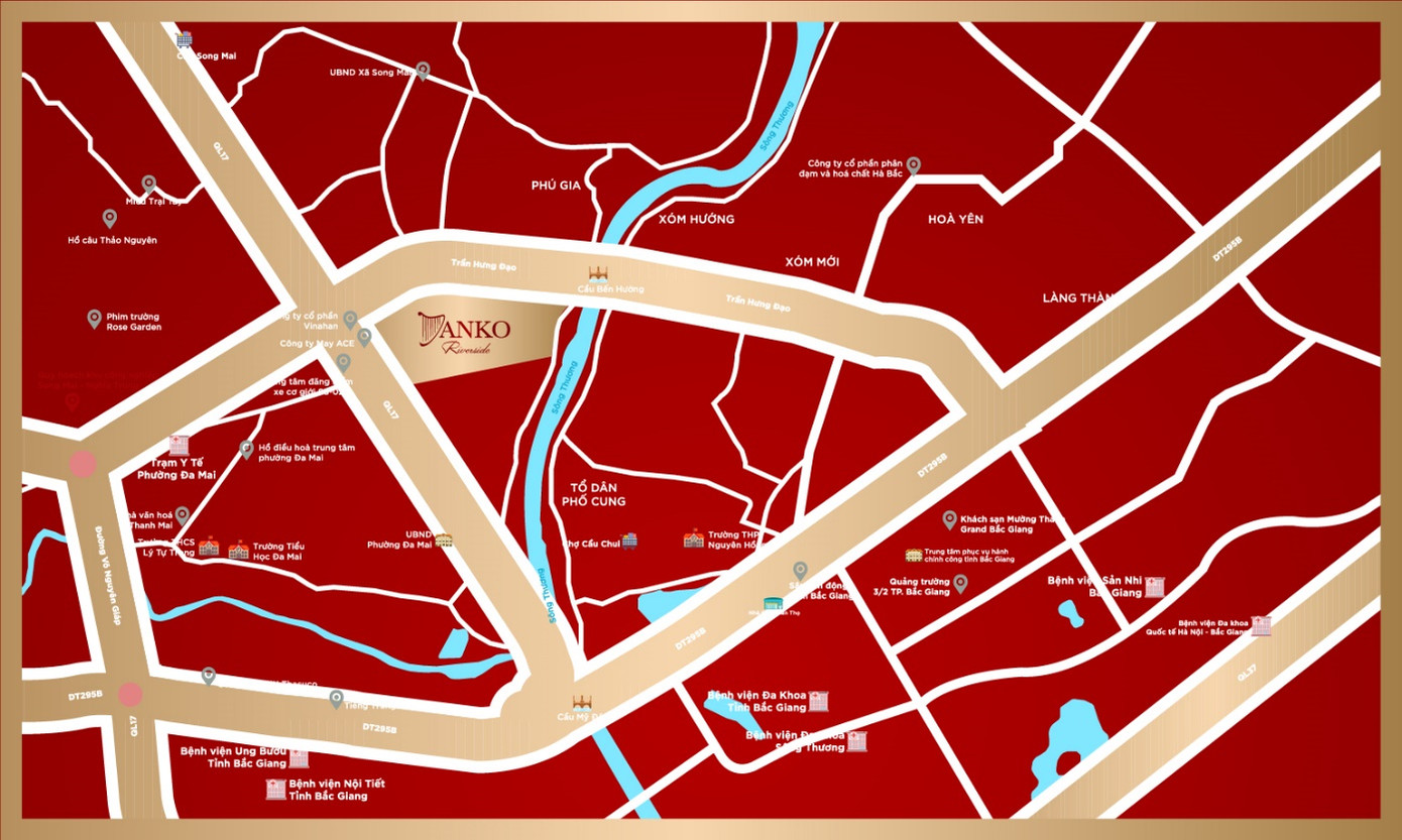 Danko Riverside có vị trí đắc địa “kề sông cận phố”, nằm trong trục phát triển của phía Tây thành phố Bắc Giang