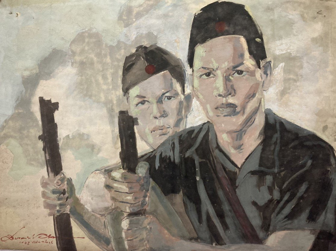 Tác phẩm Du kích Bến Tre (năm1948) của Diệp Minh Châu. Ảnh: BTMTVN. Giám đốc Bảo tàng Mỹ thuật Việt Nam cho biết trưng bày chuyên đề Nghệ sĩ là chiến sĩ thể hiện sự hưởng ứng, vận động và chuyển biến về nhận thức tư tưởng của giới văn nghệ sĩ, từ bỏ cuộc sống chốn phồn hoa đô thị tham gia vào sự nghiệp giải phóng dân tộc, dũng cảm nhận trách nhiệm xây dựng và phát triển nền văn hóa mới Việt Nam.
