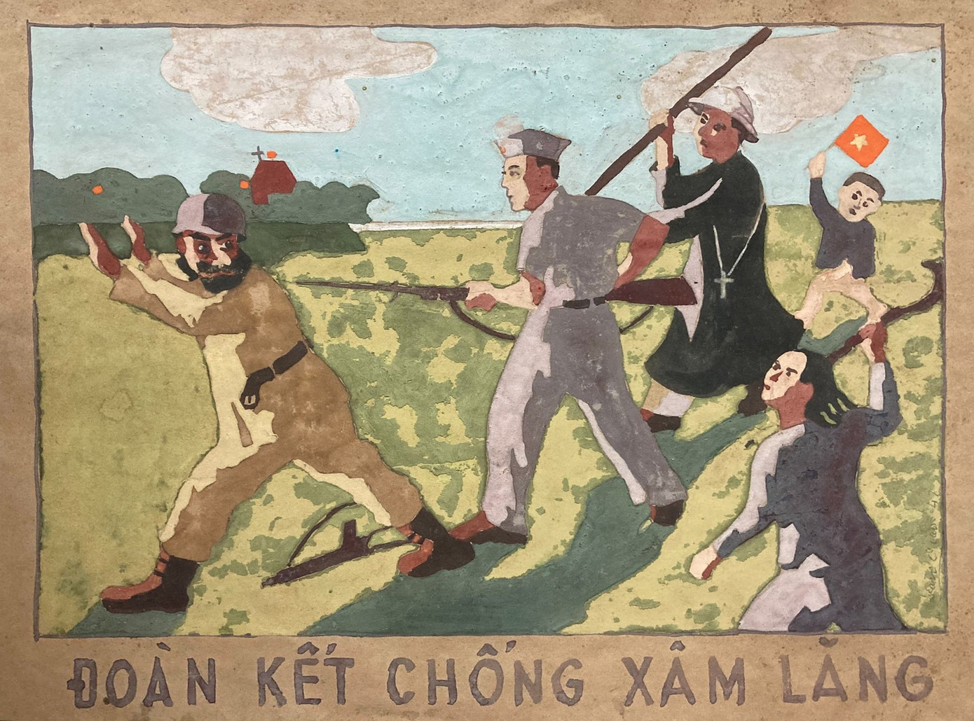 Tác phẩm Đoàn kết chống xâm lăng năm 1947 của Văn Giáo. Ảnh: BTMTVN. Những tác phẩm hội họa được trưng bày tại triển lãm mang đến cho công chúng cảm nhận rõ nét hơn về một giai đoạn lịch sử đặc biệt, bản Đề cương về Văn hóa Việt Nam đã vạch ra phương hướng đấu tranh đúng đắn chống thực dân, phát xít, xây dựng đường lối văn hóa mới của Đảng.