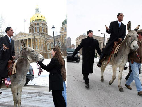 Ông Obama cưỡi lừa hôm 19-1-2009 ở bang Iowa, trước lễ nhậm chức một ngày 
